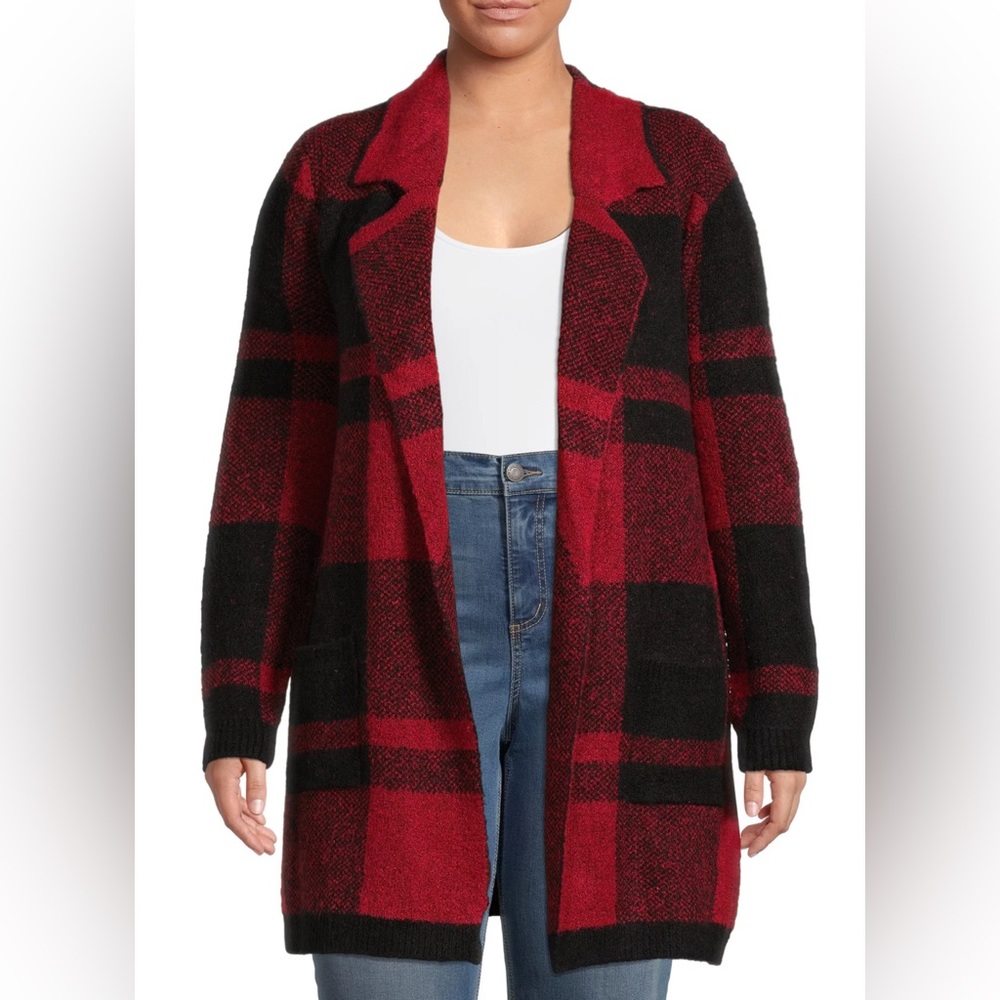 Absolutely Famous Womens XL Red Black Buffalo Plaid Open Front Cardigan Pockets